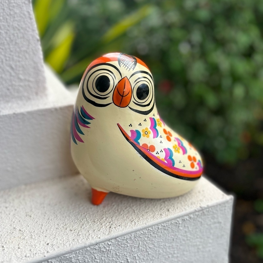 Ceramic Multi Orange Floral 7X7" Owl Bird Figurine Piggy Bank